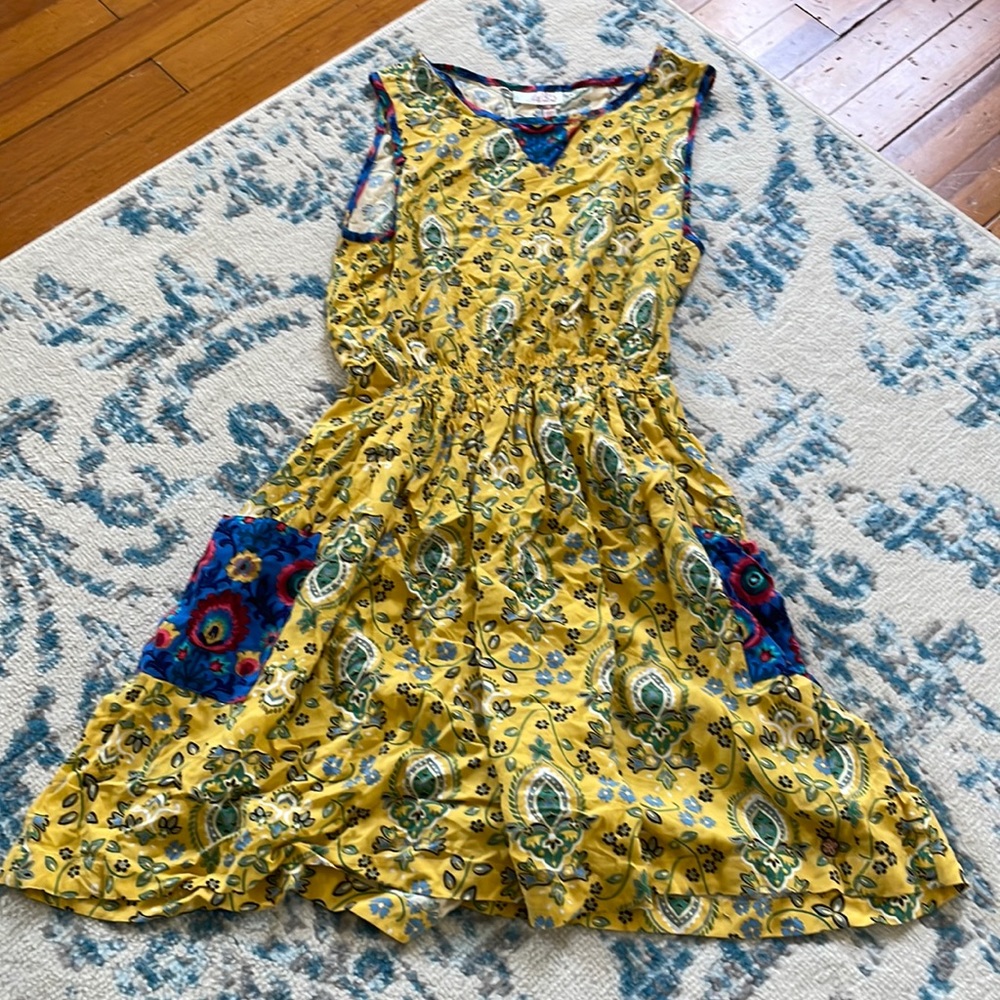 435. By Matilda, Jane, sleeveless mustard, swing dress, minor rip.